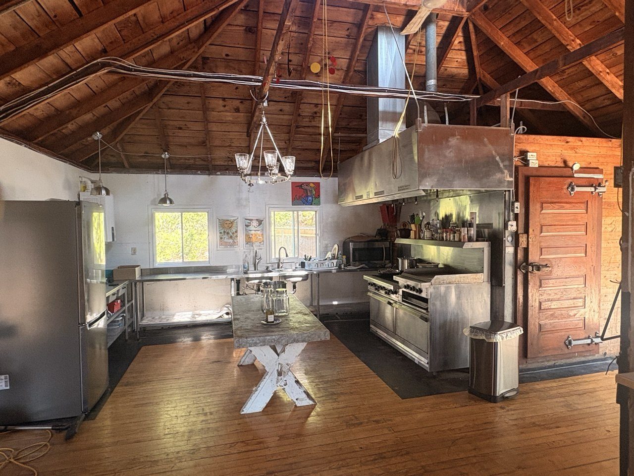 The full lodge kitchen with stainless counters